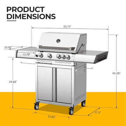 4-Burner Propane Gas Stainless Steel Grill with Side Burners and Cooking Grids in Silver