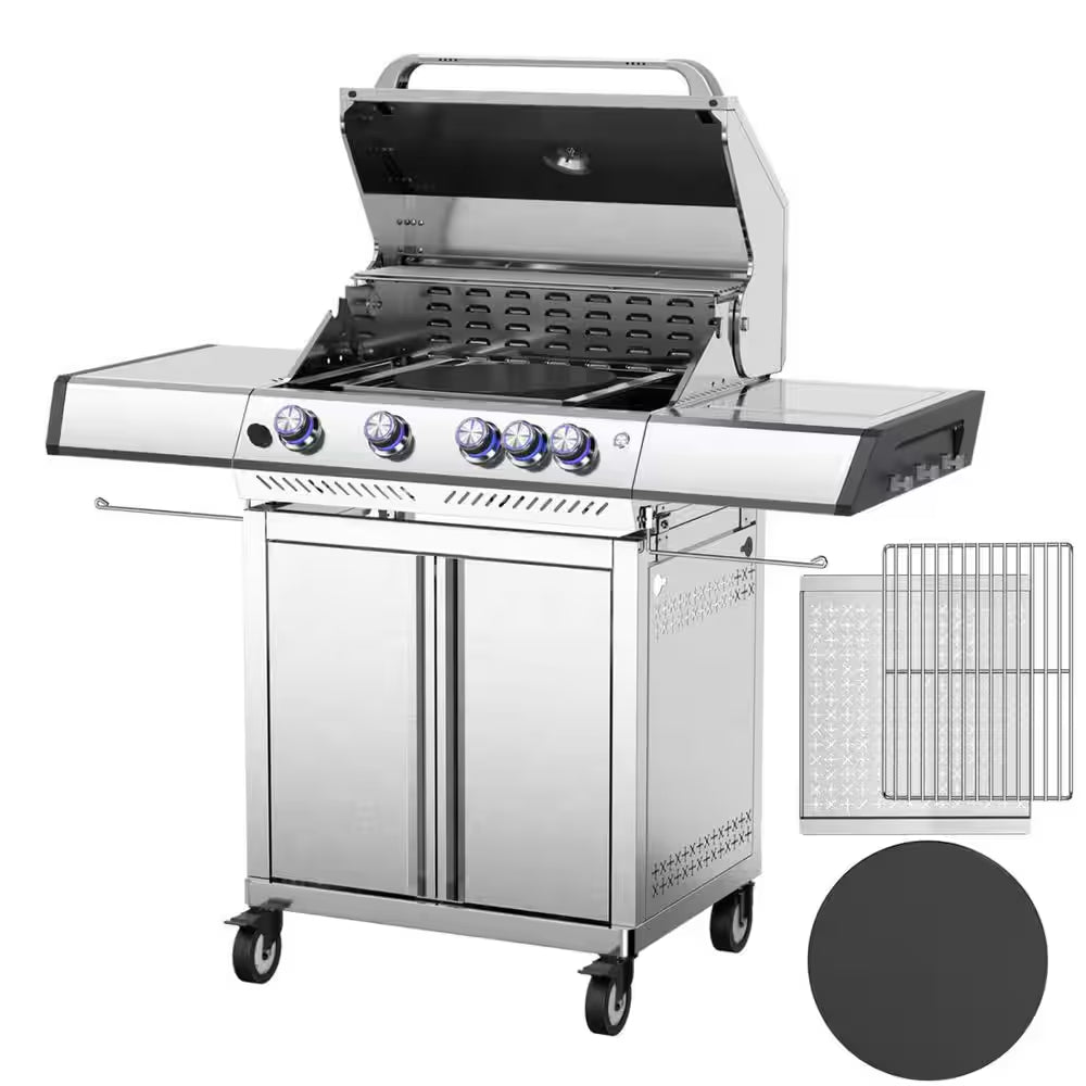 4-Burner Propane Gas Stainless Steel Grill with Side Burners and Cooking Grids in Silver