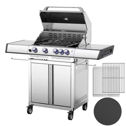 4-Burner Propane Gas Stainless Steel Grill with Side Burners and Cooking Grids in Silver