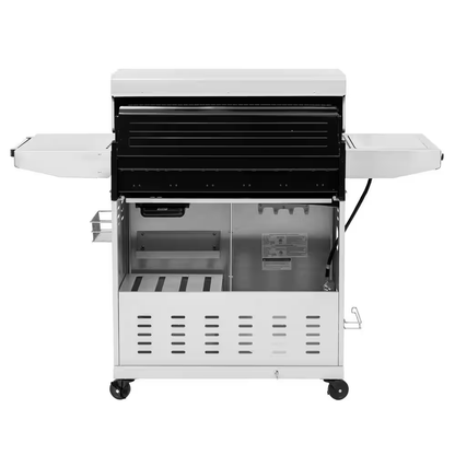 6-Burner BBQ Liquid Propane Gas Grill, with Sear Burner and Side Burner, Stainless Steel and Foldable Side Shelf, White