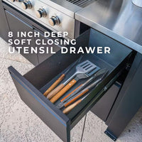 Fusion Flame 5-Burner Propane Gas Grill Island with Rotisserie and Outdoor Rated Refrigerator in Stainless Steel