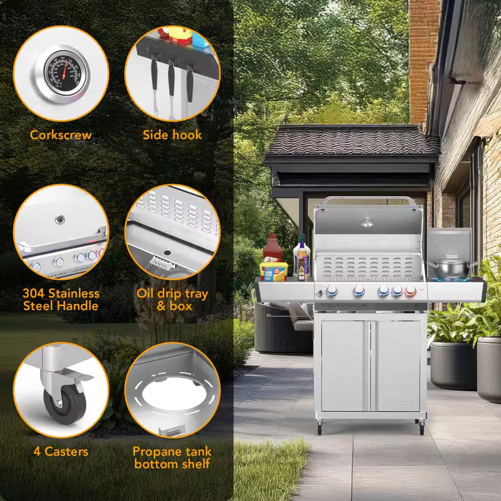 4-Burner Propane Gas Stainless Steel Grill with Side Burners and Cooking Grids in Silver