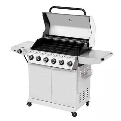 6-Burner BBQ Liquid Propane Gas Grill, with Sear Burner and Side Burner, Stainless Steel and Foldable Side Shelf, White