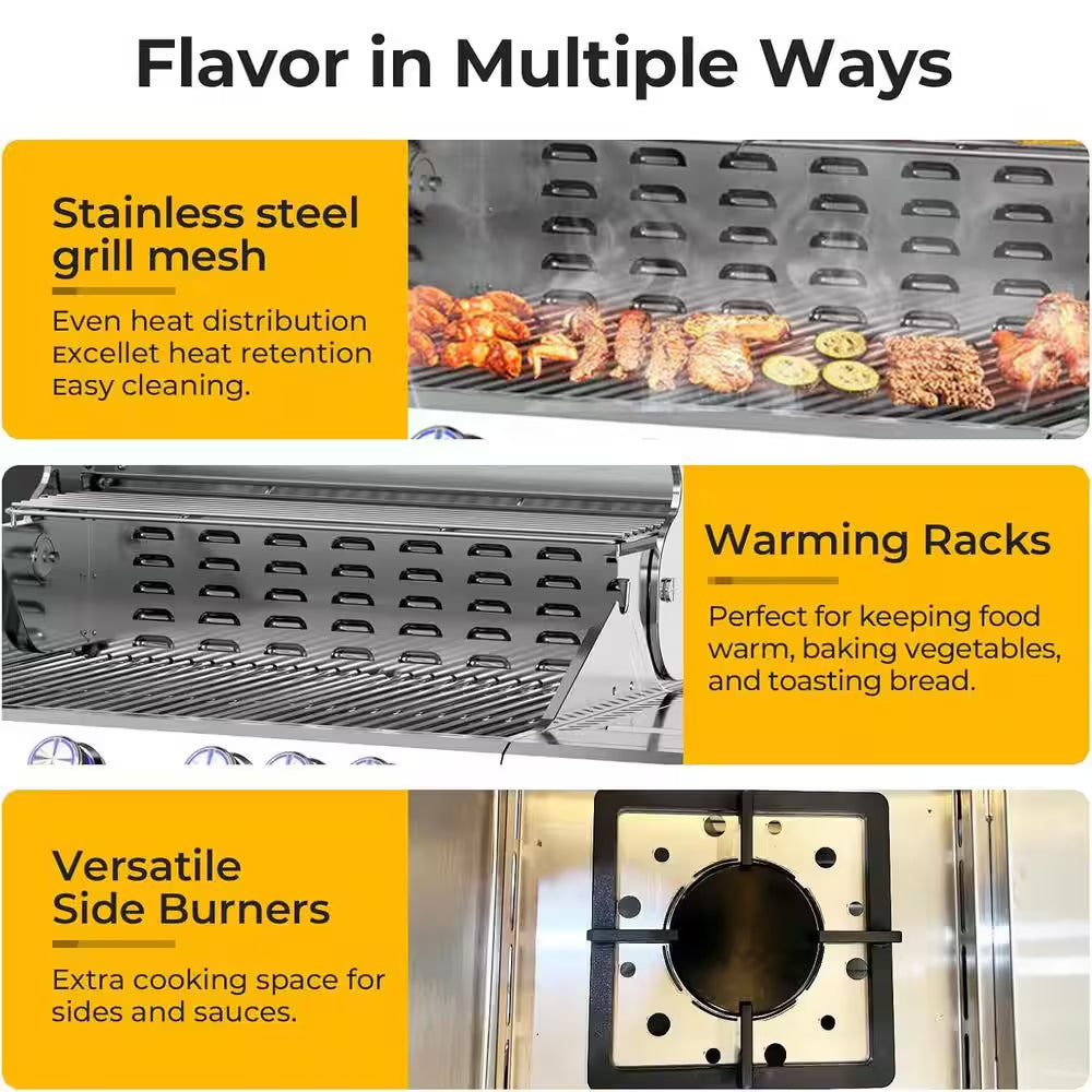 4-Burner Propane Gas Stainless Steel Grill with Side Burners and Cooking Grids in Silver