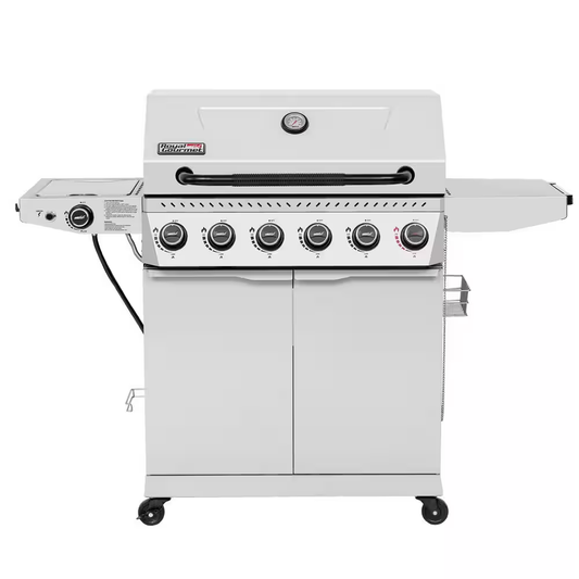 6-Burner BBQ Liquid Propane Gas Grill, with Sear Burner and Side Burner, Stainless Steel and Foldable Side Shelf, White