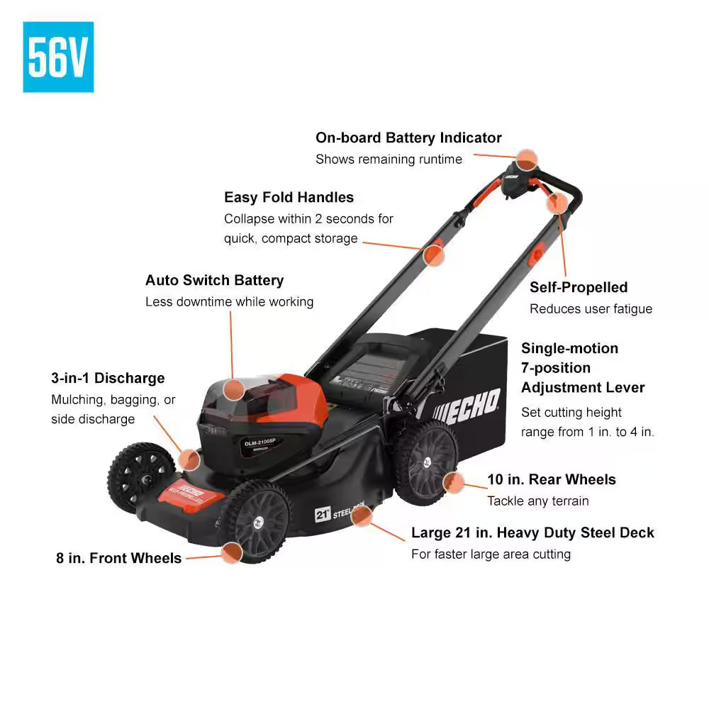 56V Cordless Battery Lawn Mower and String Trimmer Combo Kit W/ 2.5Ah and 5.0Ah Batteries and (2) Chargers (2-Tool)