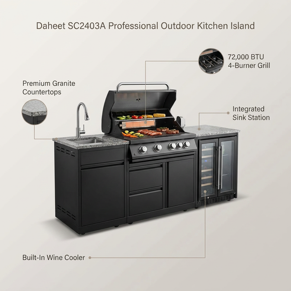 Outdoor Kitchen Island Black Stainless Steel with Sink & 46-Inch 4-Burner 72000 BTU Grill, Wine Cooler, Refrigerator, Rotisserie Kit & Granite Countertops — Lifestyle