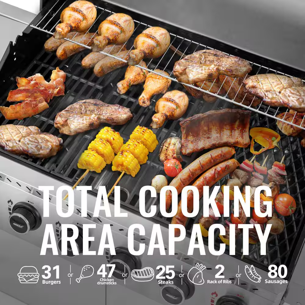 6-Burner BBQ Liquid Propane Gas Grill, with Sear Burner and Side Burner, Stainless Steel and Foldable Side Shelf, White
