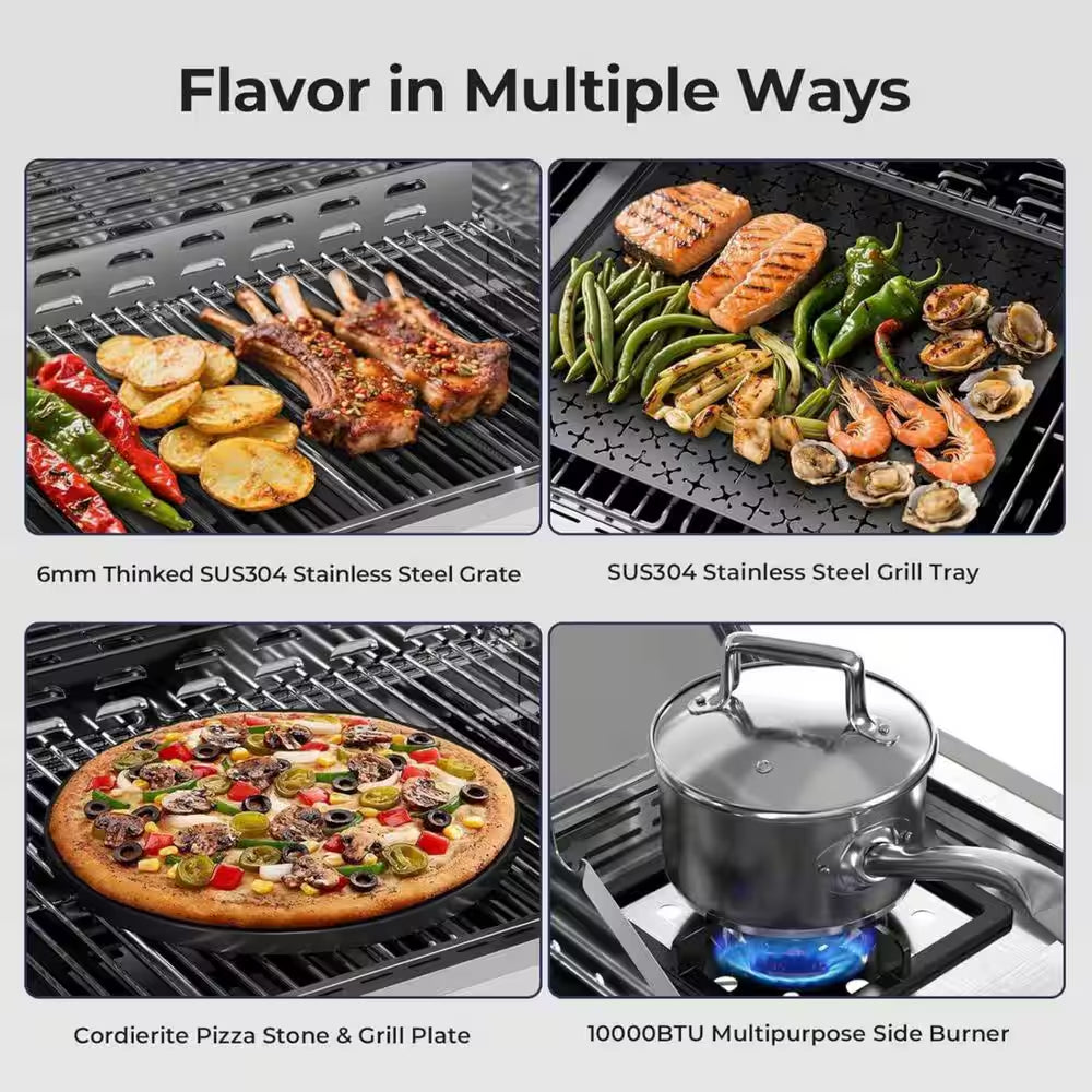 4-Burner Propane Gas Stainless Steel Grill with Side Burners and Cooking Grids in Silver