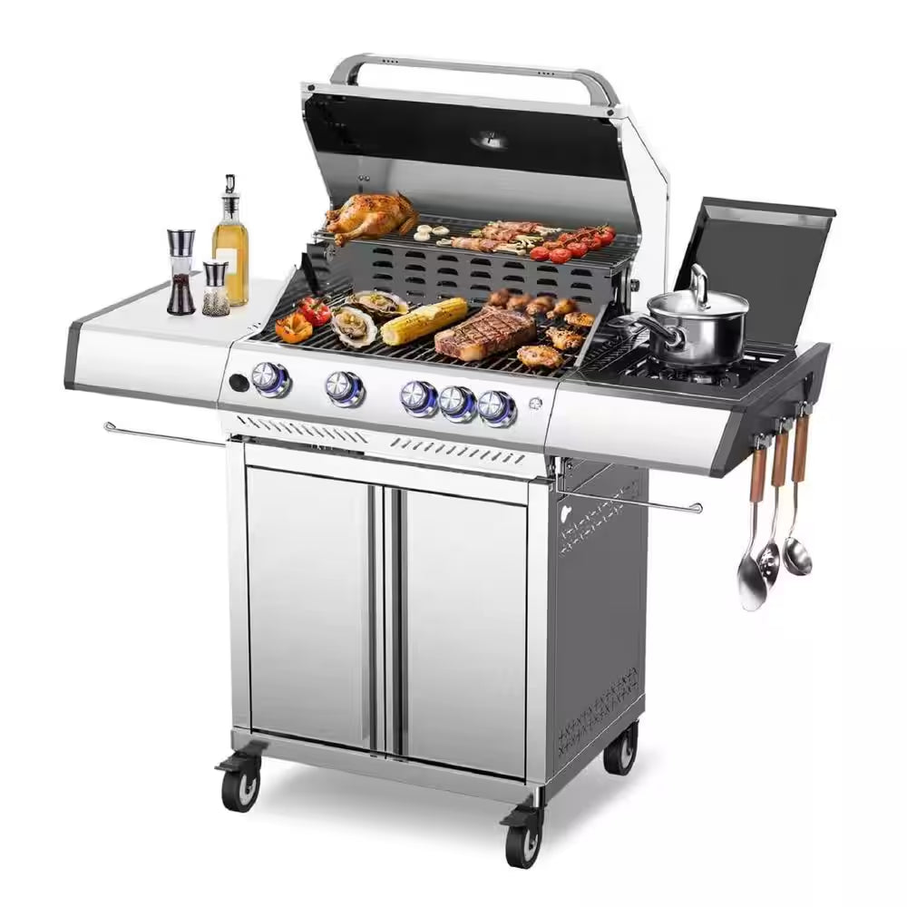 4-Burner Propane Gas Stainless Steel Grill with Side Burners and Cooking Grids in Silver