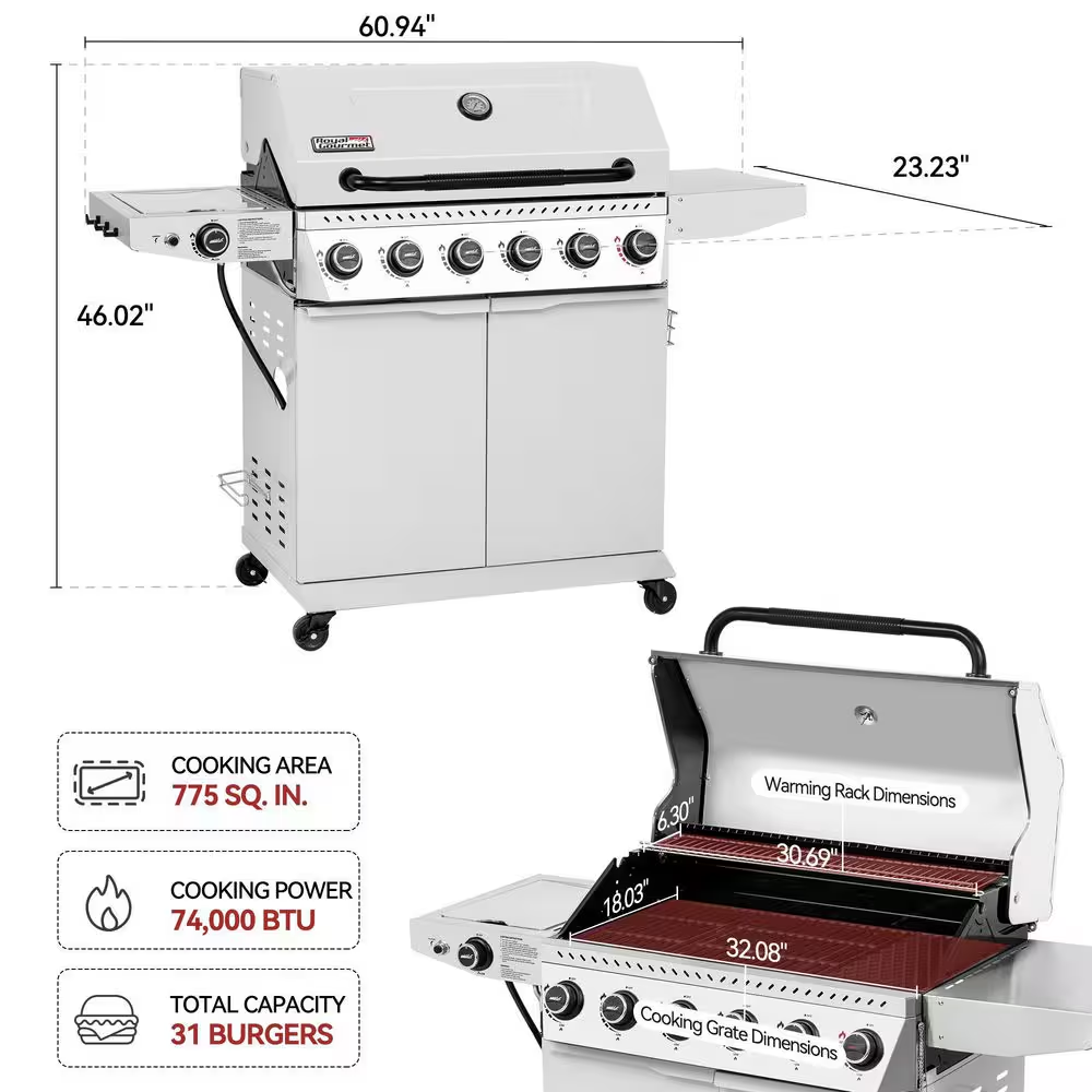 6-Burner BBQ Liquid Propane Gas Grill, with Sear Burner and Side Burner, Stainless Steel and Foldable Side Shelf, White