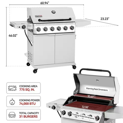 6-Burner BBQ Liquid Propane Gas Grill, with Sear Burner and Side Burner, Stainless Steel and Foldable Side Shelf, White