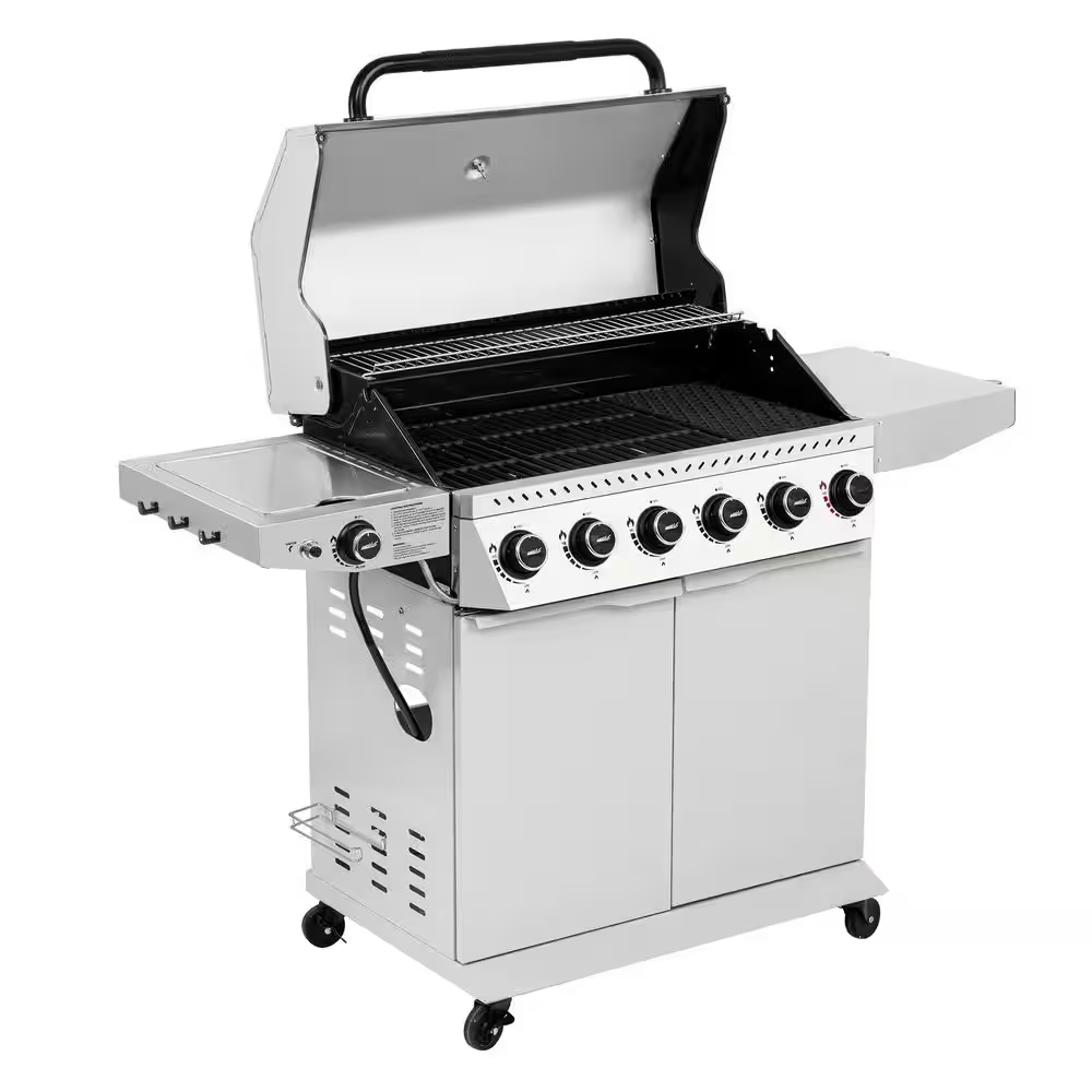 6-Burner BBQ Liquid Propane Gas Grill, with Sear Burner and Side Burner, Stainless Steel and Foldable Side Shelf, White