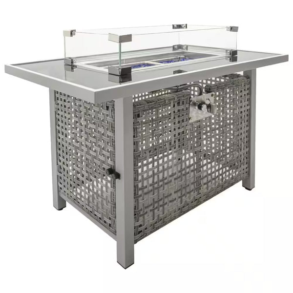 43 In. Propane Gas Fire Pit Table, 60000 BTU Rectangular Open Weave Wicker Fire Pit with Glass Wind Guard in Gray
