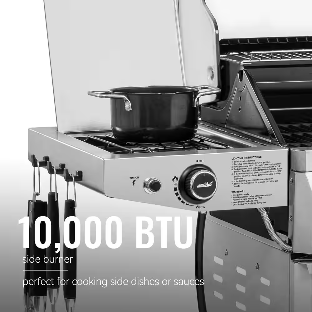 6-Burner BBQ Liquid Propane Gas Grill, with Sear Burner and Side Burner, Stainless Steel and Foldable Side Shelf, White
