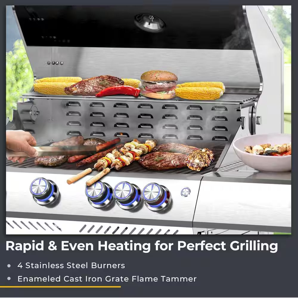 4-Burner Propane Gas Stainless Steel Grill with Side Burners and Cooking Grids in Silver