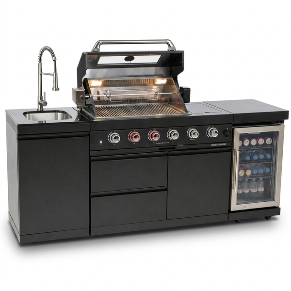 Outdoor Kitchen Island Black Stainless Steel with Sink & 46-Inch 4-Burner 72000 BTU Grill, Wine Cooler, Refrigerator, Rotisserie Kit & Granite Countertops