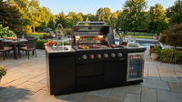 Outdoor Kitchen Island Black Stainless Steel with Sink & 46-Inch 4-Burner 72000 BTU Grill, Wine Cooler, Refrigerator, Rotisserie Kit & Granite Countertops — Lifestyle
